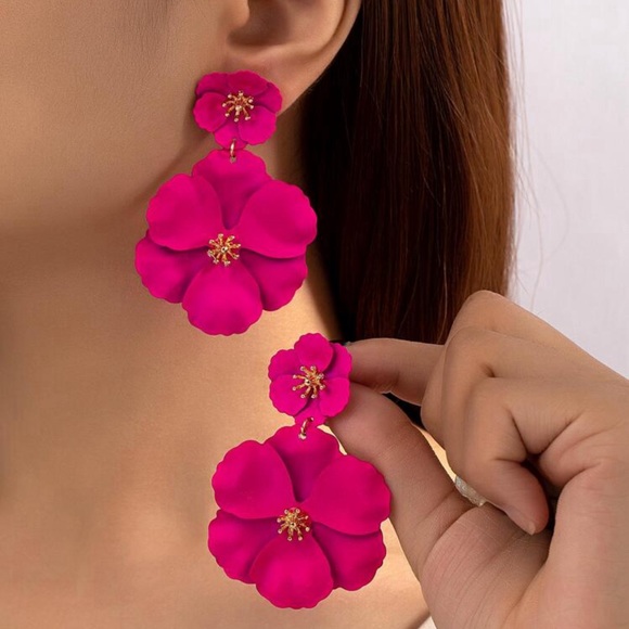 Hot Pink Flower Drop Earrings - Picture 1 of 6